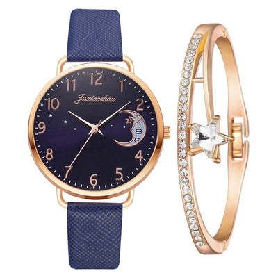 Women Watch Moon Numbers Dial Bracelet Watches Set Ladies Leather Band