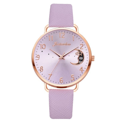 Women Watch Moon Numbers Dial Bracelet Watches Set Ladies Leather Band