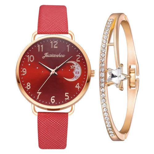 Women Watch Moon Numbers Dial Bracelet Watches Set Ladies Leather Band