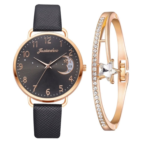 Women Watch Moon Numbers Dial Bracelet Watches Set Ladies Leather Band