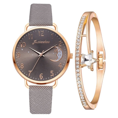 Women Watch Moon Numbers Dial Bracelet Watches Set Ladies Leather Band