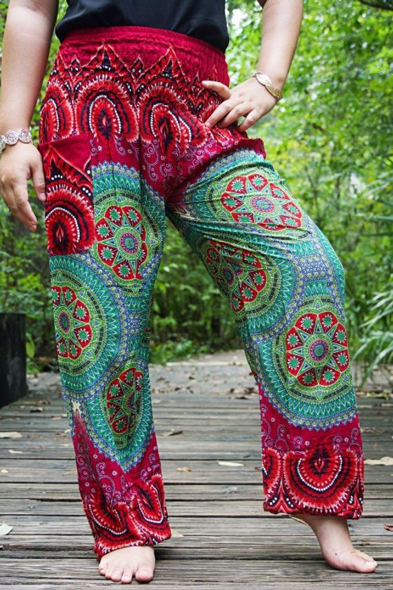 Burgundy GEOMETRIC Women Boho Pants Hippie Pants Yoga Pants