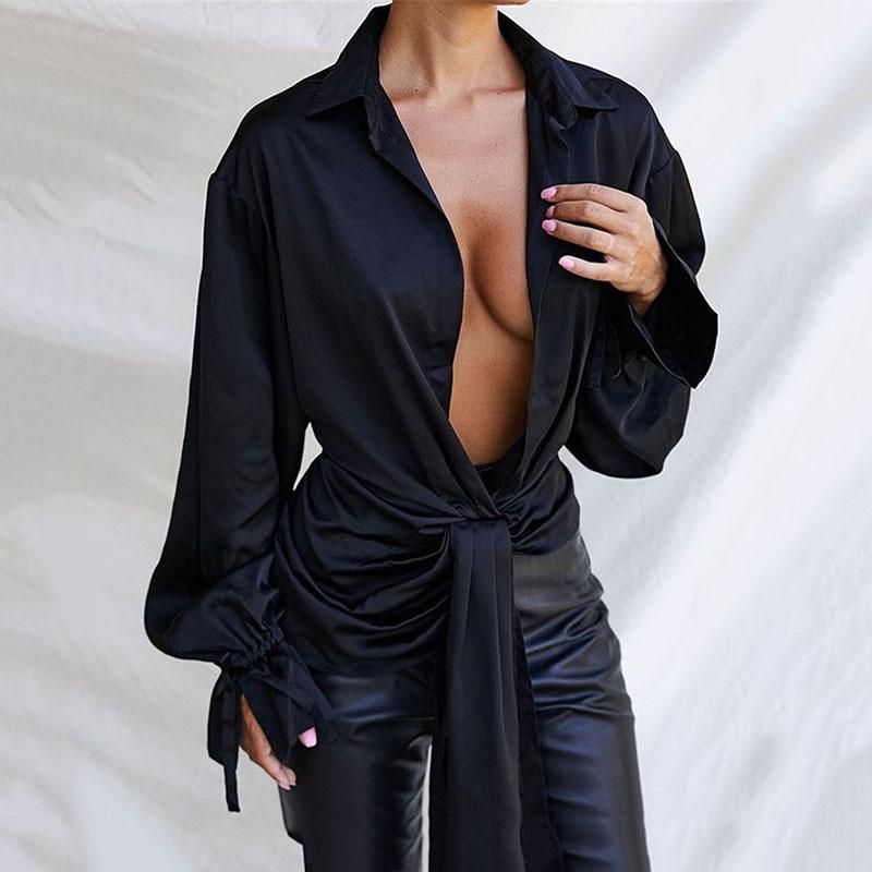 Sexy Deep V Neck Petal Sleeve Blouses Woman Black Bandage Irregular