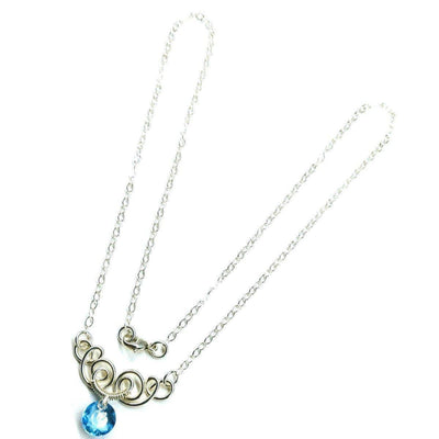 Silver Wire Sculpted Round Aqua Crystal Pendant Necklace