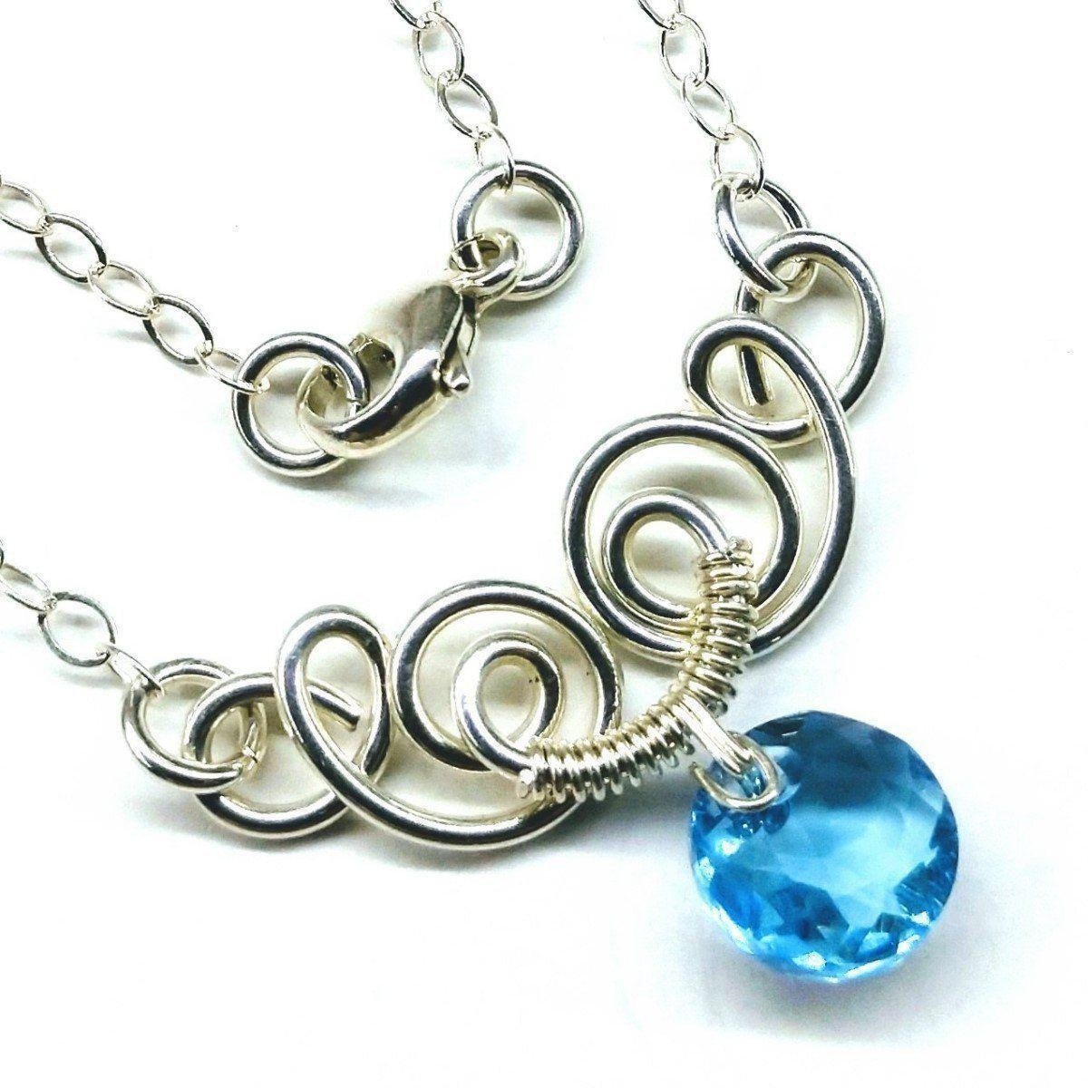 Silver Wire Sculpted Round Aqua Crystal Pendant Necklace